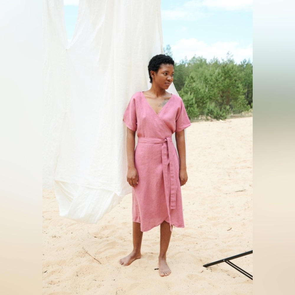 Linenfox Mimosa pink linen wrap dress with pockets L / XL